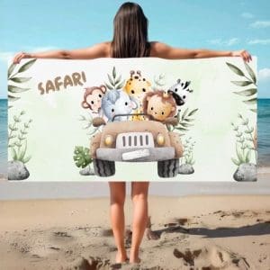 Kit 10 Toalhas De praia TEMA SAFARI 70x140cm Aniversário 210gr Leve, Secagem Rápida
